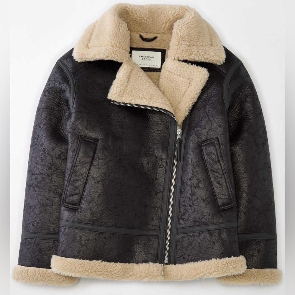 AE Oversized Vegan Shearling Moto Jacket Black Medium NWT - Picture 2 of 11